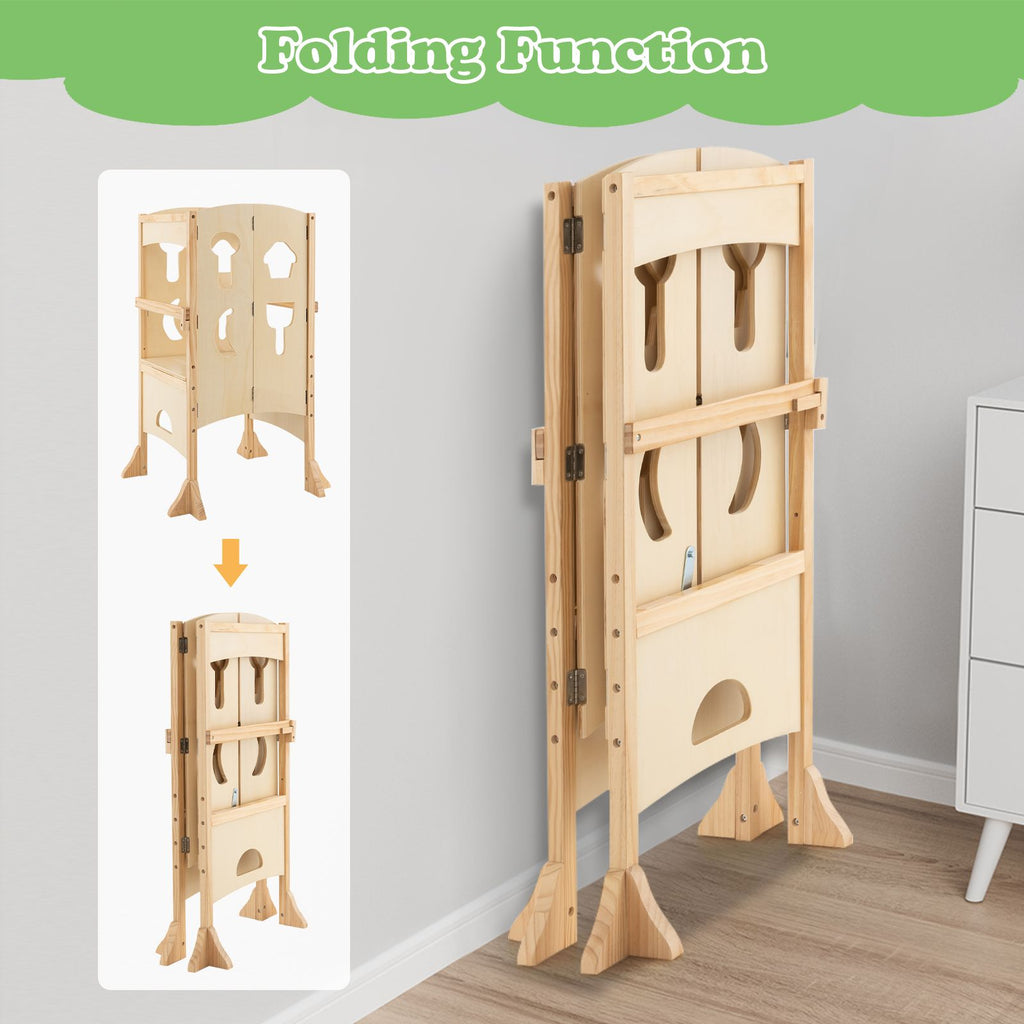 SEDOL Folding Montessori Learning Tower for Toddlers Space-Saving Height Adjustable Kitchen Helper Stool with Safety Latches and Full-Surround Guardrails