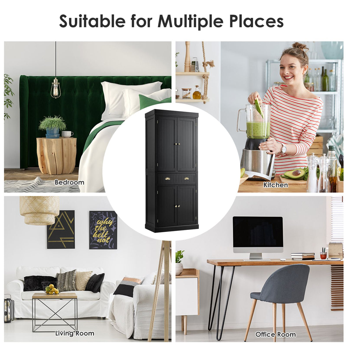 4-Door Tall Kitchen Cupboard Adjustable Shelves and Drawer