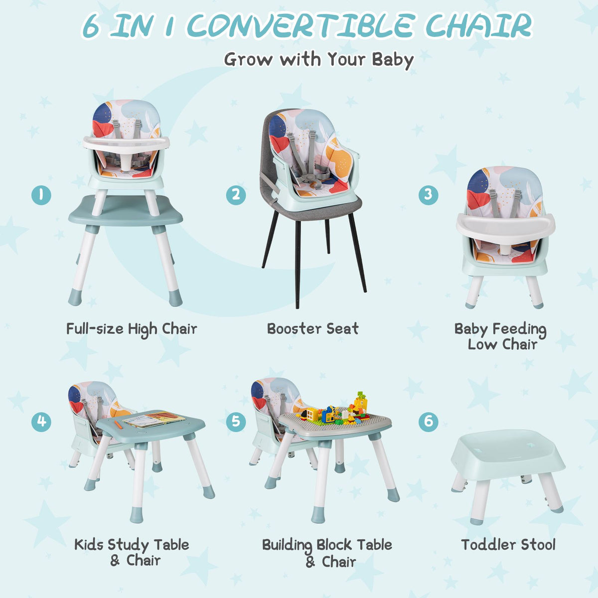 SEDOL 6-in-1 Ultimate Baby-to-Toddler High Chair & Activity Station with Building Block Tabletop Parental Booster Seat and Waterproof PU Leather Cushion – 25kg Capacity