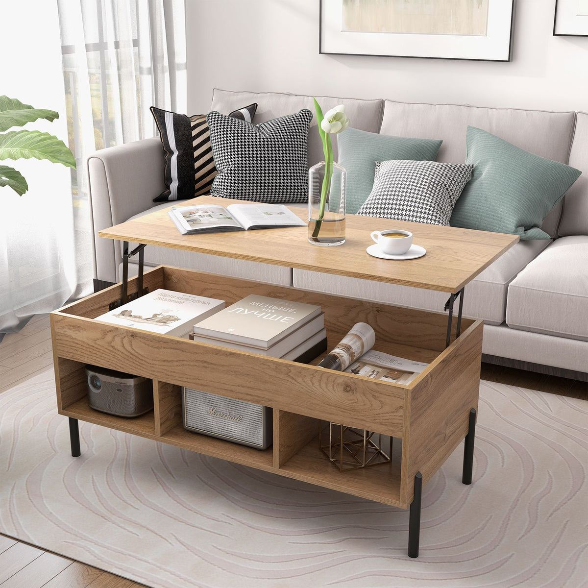 Lift Top Coffee Table with Large Hidden Compartment and 3 Open Cubbies