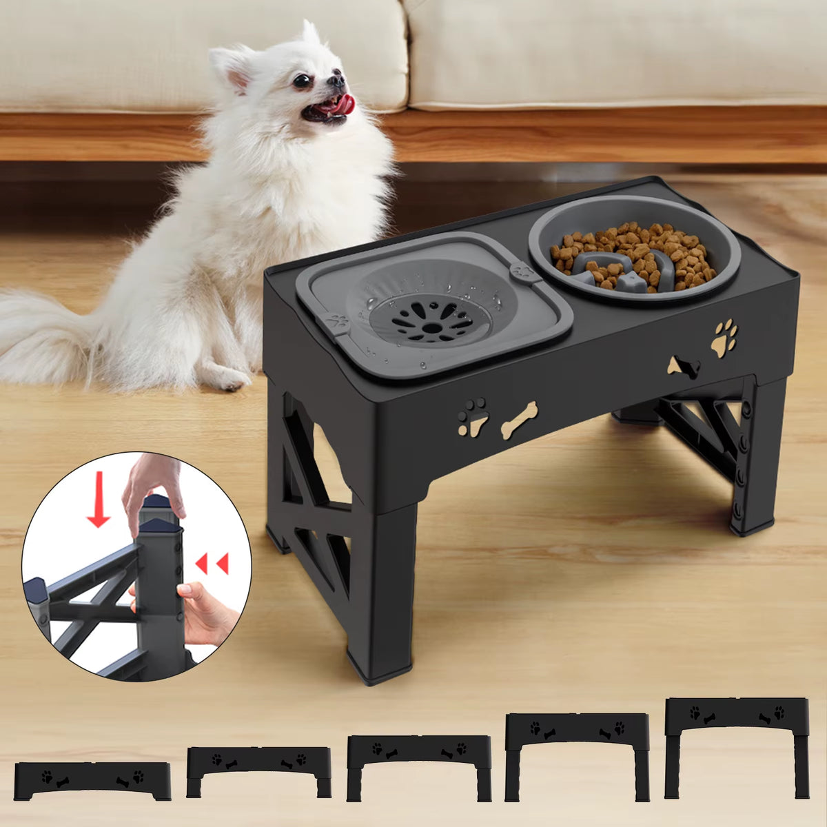 SEDOL Raised Dog Bowl Stand – Adjustable Double Pet Feeder with Elevated Bowls for Cats & Dogs, Foldable High Stand for Small, Medium & Large Pets
