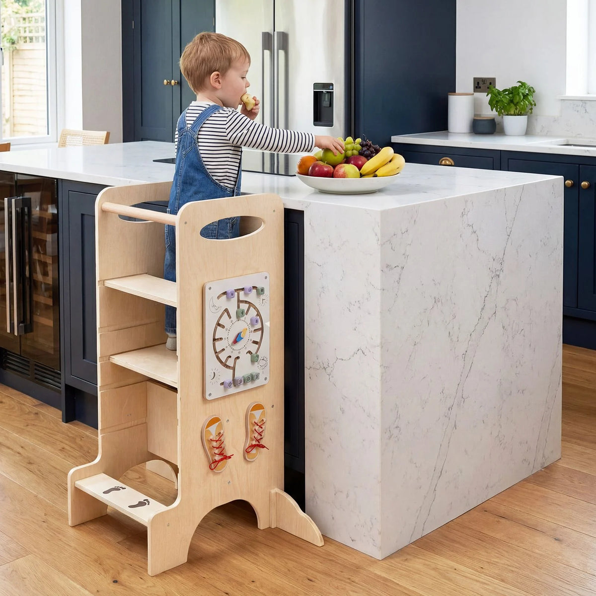 SEDOL 4-in-1 Montessori "Discovery Center" Learning Tower — Convertible Kitchen Helper Stool with Integrated Slide, High Chair, and 6-Feature Sensory Activity Station