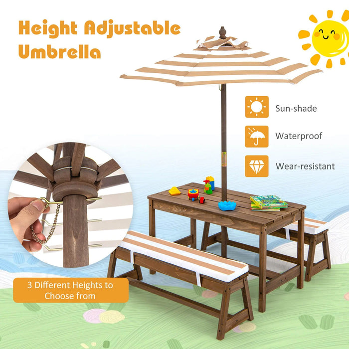 Kids Picnic Table with Cushions & Adjustable Umbrella – Fir Wood Play Table for 4