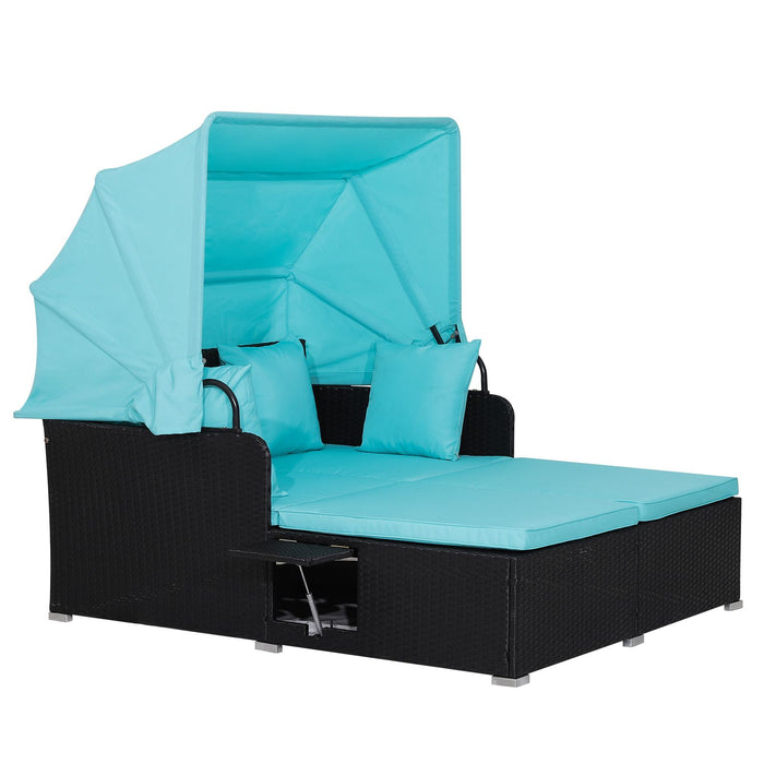 Rattan Daybed with Retractable Canopy, Cushions & Side Trays