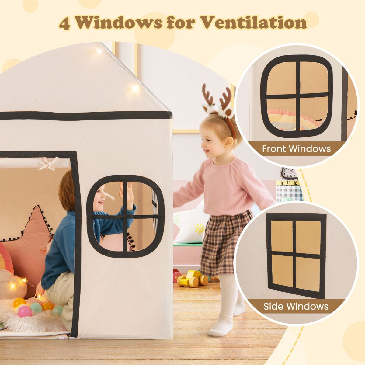 SEDOL Large Indoor Kids Playhouse with Plush Coral Velvet Mat and LED Star Lights Breathable Cotton-Blend Play Tent with Storage Pockets for Reading and Napping