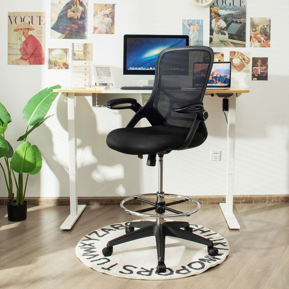Mesh Drafting Chair with Flip-Up Armrests and Mid-Back Padded