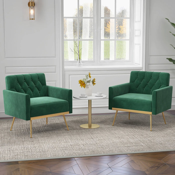 Modern Velvet Accent Chair with Button Tufted Back and Golden Metal Legs