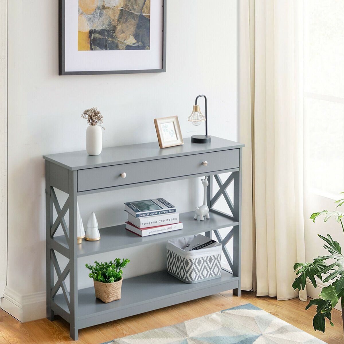 3-Tier Console Table with 1 Drawer and 2 Storage Shelves