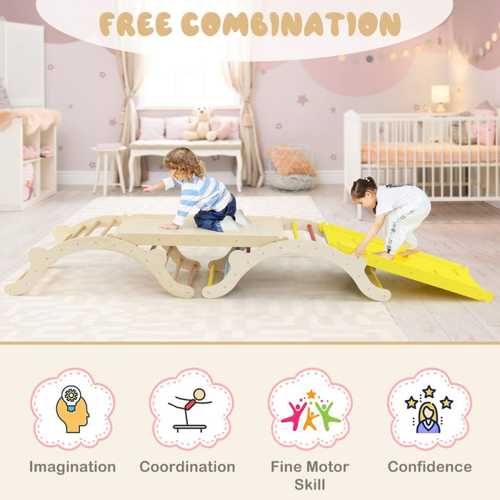 3-in-1 Wooden Climber Arch with Ramp & Rocker – Indoor Toddler Playset