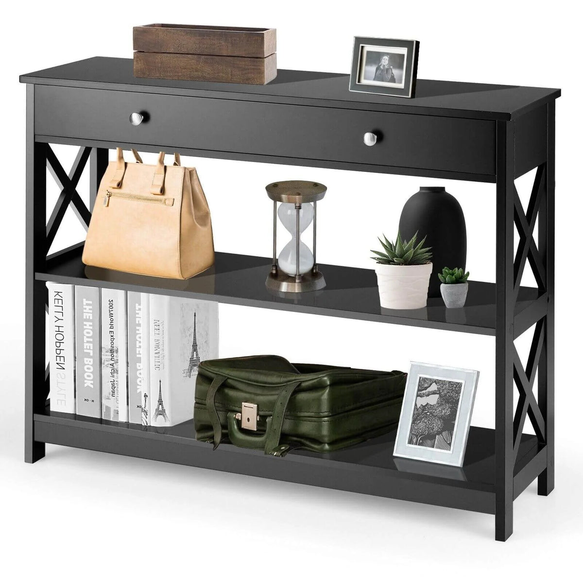 3-Tier Console Table with 1 Drawer and 2 Storage Shelves