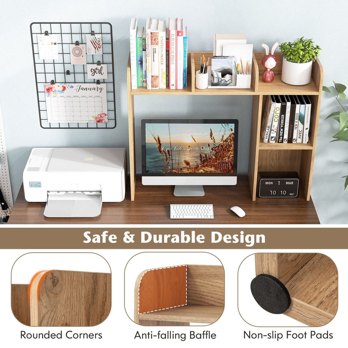 Wooden Desk Bookshelf with 4 Shelves and Open Back Compartment