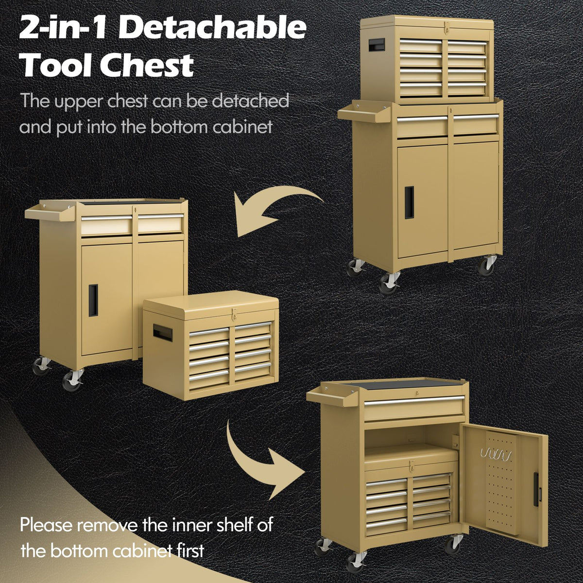 High-Capacity Rolling Tool Cabinet – Lockable Wheels, Metal 2‑in‑1 Chest & Base