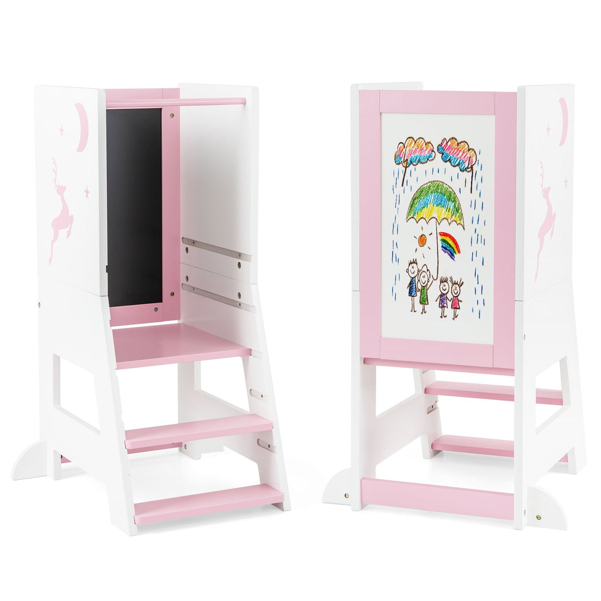 SEDOL 3-in-1 Montessori Learning Tower with Double-Sided Chalkboard & Whiteboard – Height-Adjustable Kitchen Helper Stool with Safety Rails and Anti-Tip Base