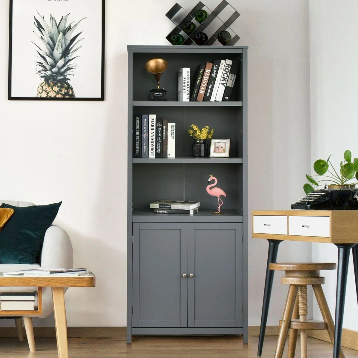 Wooden Tall Bookcase with 3-Tier Storage Cabinet
