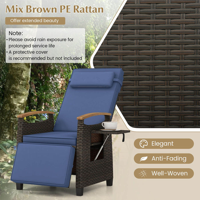 Patio Rattan Recliner Chair with Adjustable Backrest, Footrest & Flip Side Table
