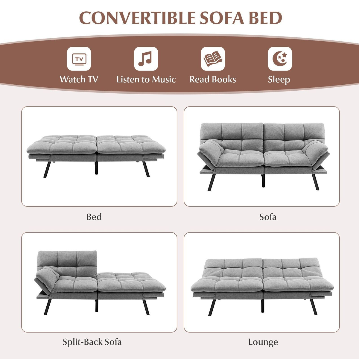 2 Seater Convertible Sofa Bed with Reclining Backrest