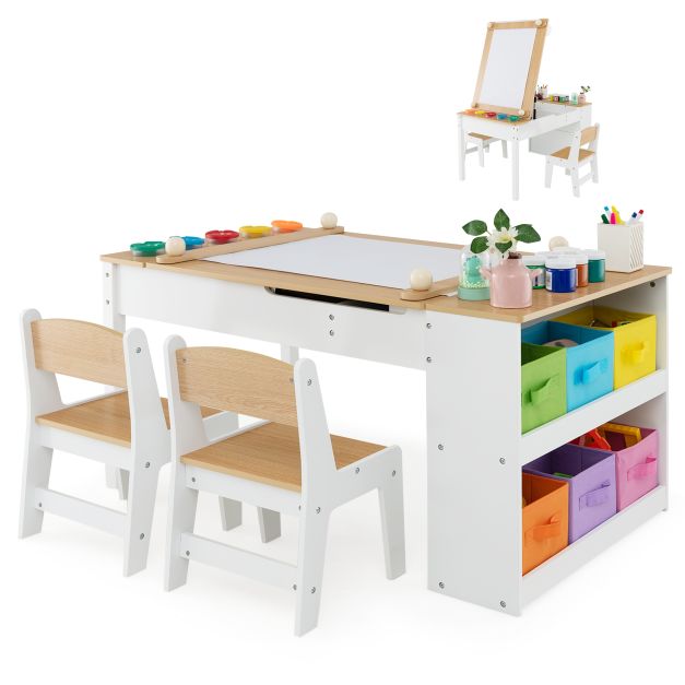SEDOL 2-in-1 Kids Art Table & Tilting Easel Set with 2 Chairs | Built-In 10m Paper Roll & 11-Zone Storage System | Slow-Close Hydraulic Safety | 91KG Heavy-Duty Craft Station