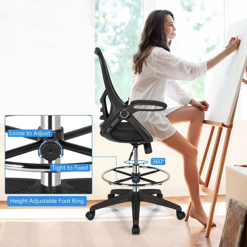 Mesh Drafting Chair with Flip-Up Armrests and Mid-Back Padded