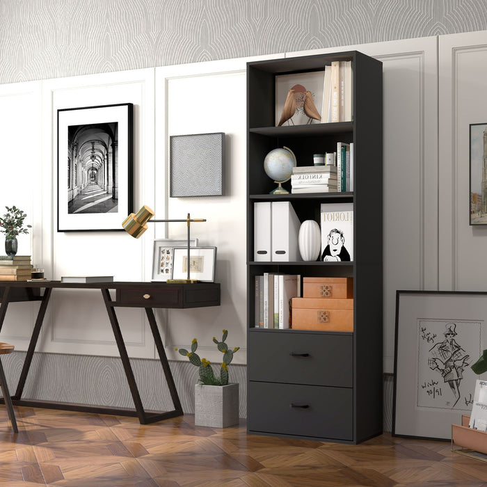 6-Tier Modern Wooden Bookshelf with 4 Open Shelves and 2 Drawers