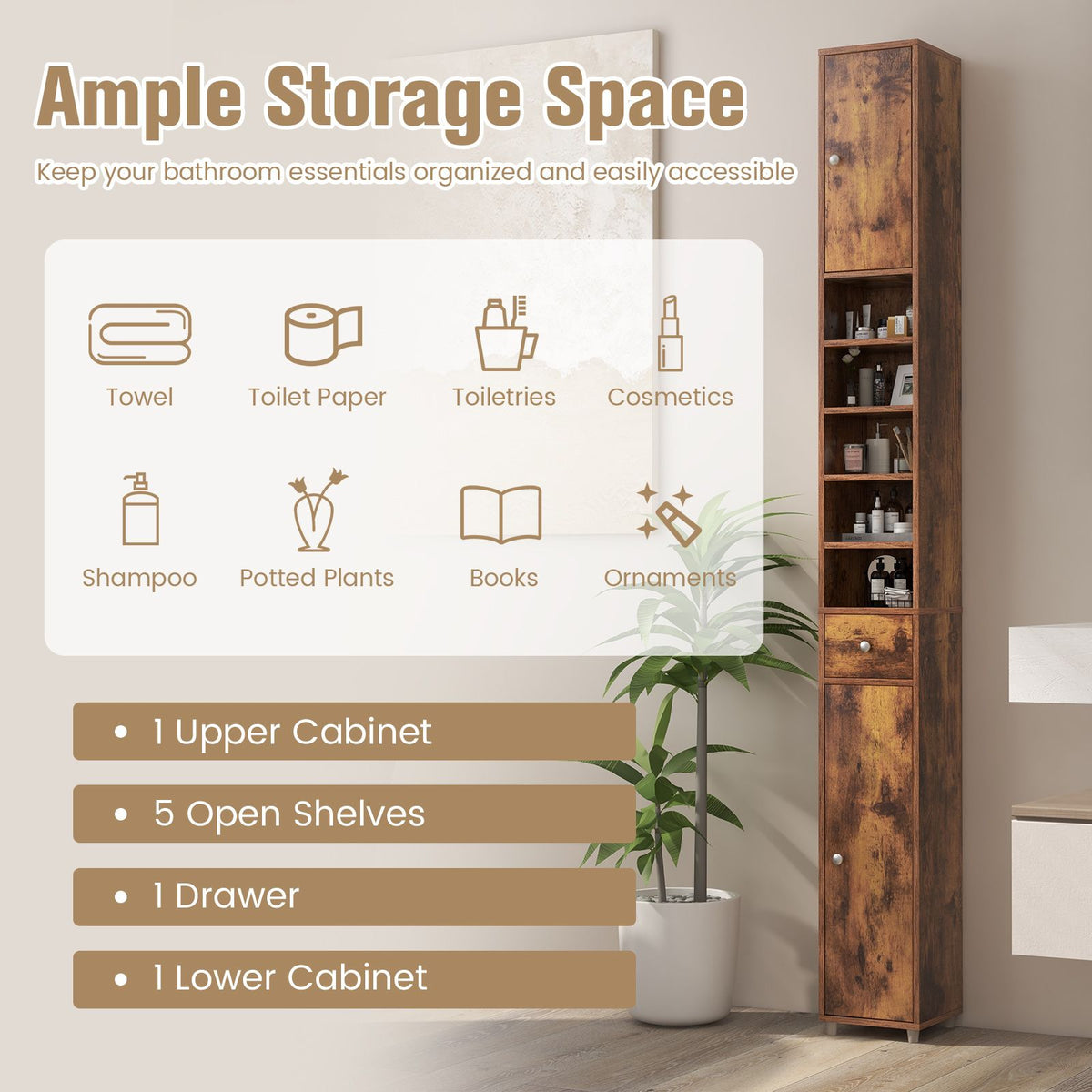 180CM Tall Freestanding Bathroom Cabinet with 2 Doors and 1 Drawer