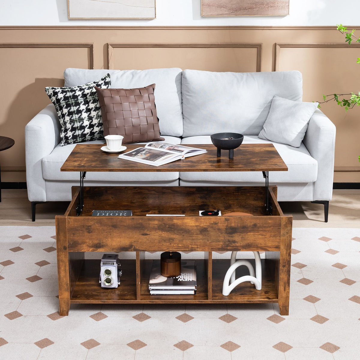 Rising Center Table with Lift Top Hidden Compartment