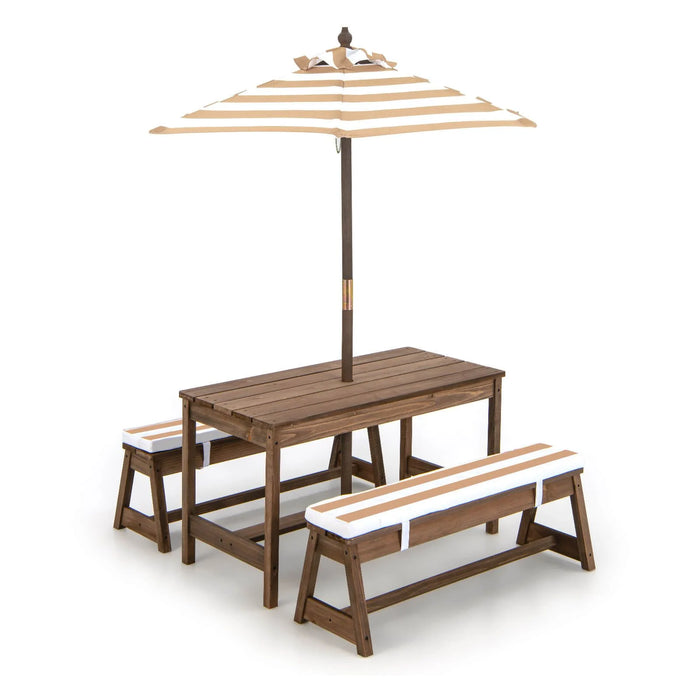 Kids Picnic Table with Cushions & Adjustable Umbrella – Fir Wood Play Table for 4