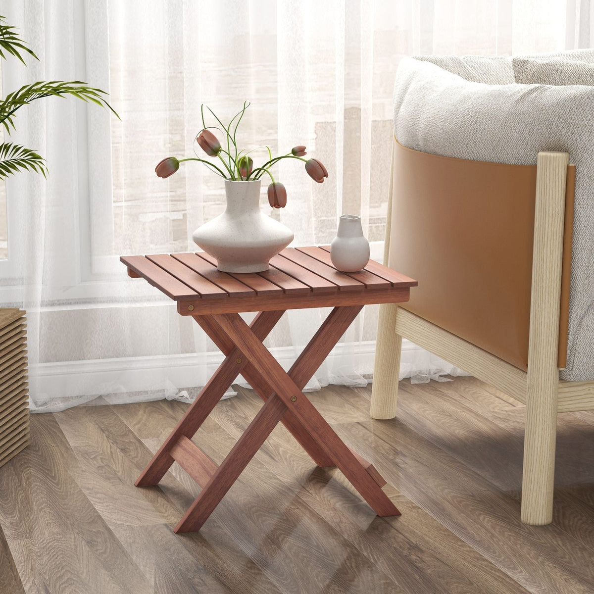 Wooden Side Table with Slatted Tabletop and Sturdy X-Shaped Frame