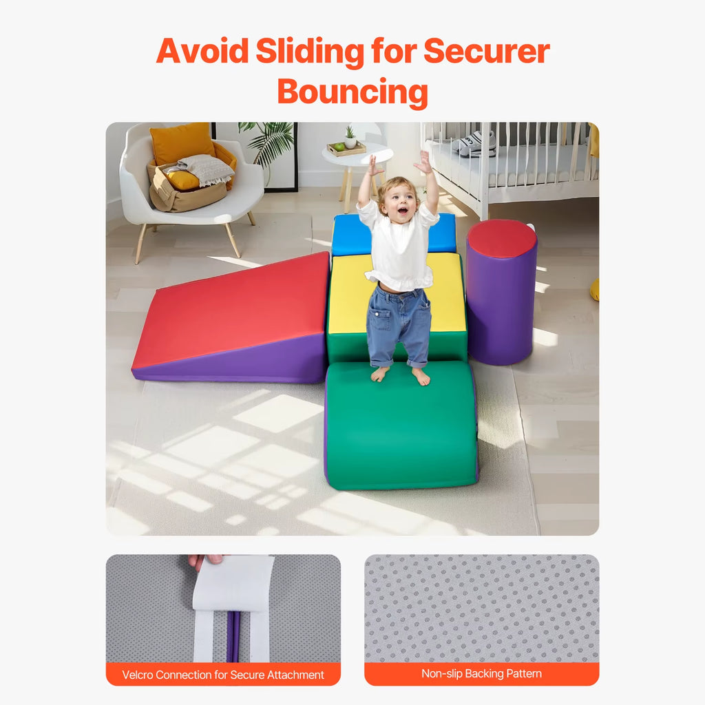 SEDOL 5-Piece Foam Climbing Blocks Soft Play Activity Set Indoor Montessori Crawl and Slide Playset with Anti-Slip Velcro and PU Leather for Toddlers and Babies