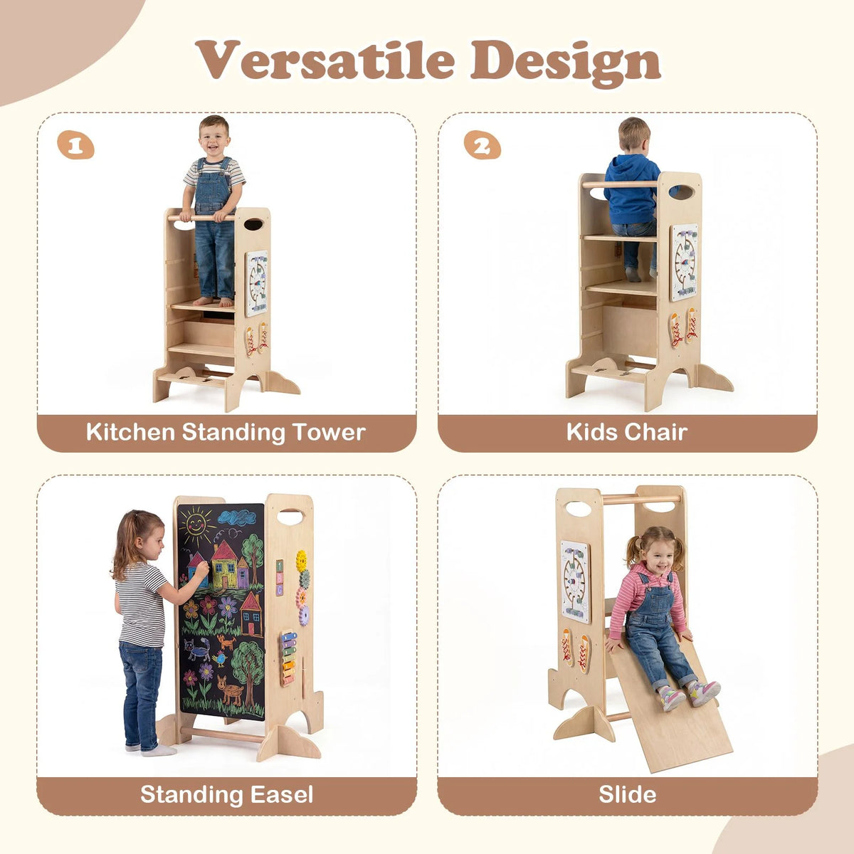 SEDOL 4-in-1 Montessori "Discovery Center" Learning Tower — Convertible Kitchen Helper Stool with Integrated Slide, High Chair, and 6-Feature Sensory Activity Station