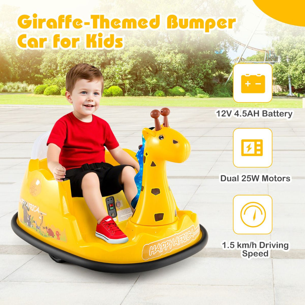 SEDOL 12V Giraffe Series Toddler Bumper Car with 360° Zero-Turn Dual Joysticks Parental Remote Control and Integrated LED Sensory Light Show