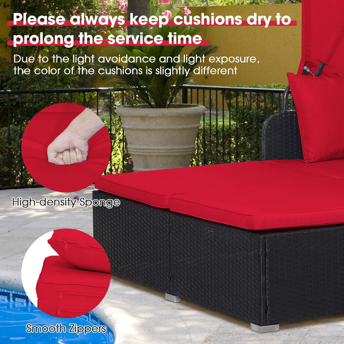 Rattan Daybed with Retractable Canopy, Cushions & Side Trays