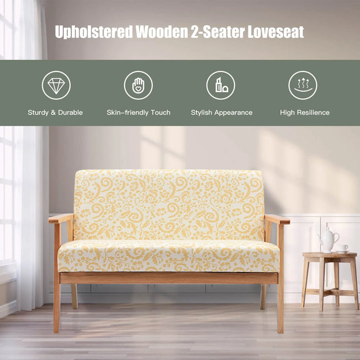 2-Seater Wooden Upholstered Loveseat with Rubber Wood Armrests