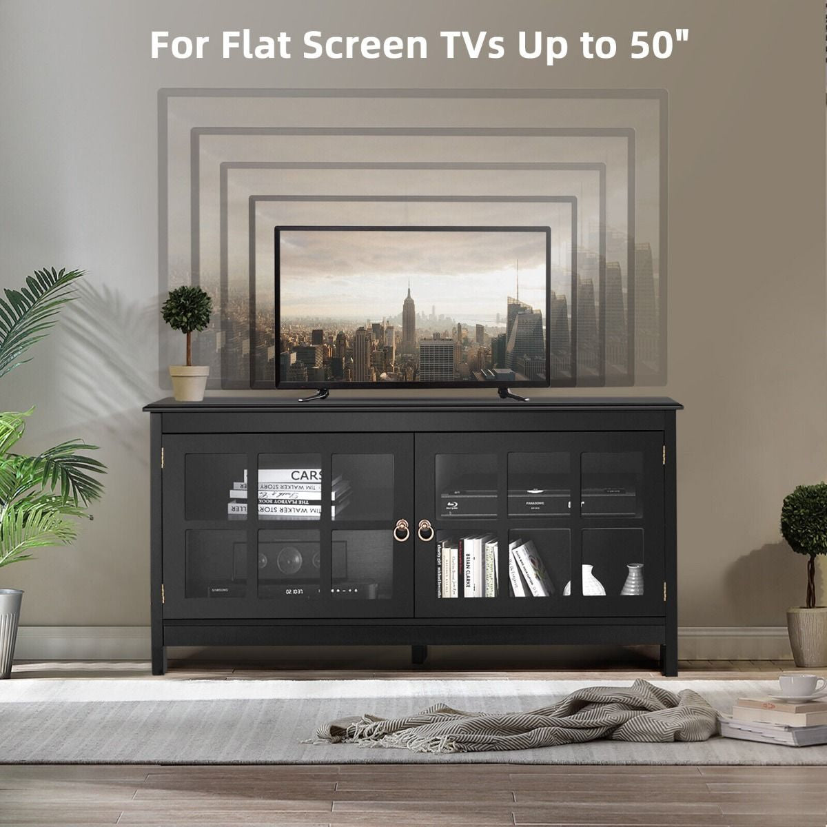 Modern Wooden TV Stand with Tempered Glass Doors for Tvs up to 50''