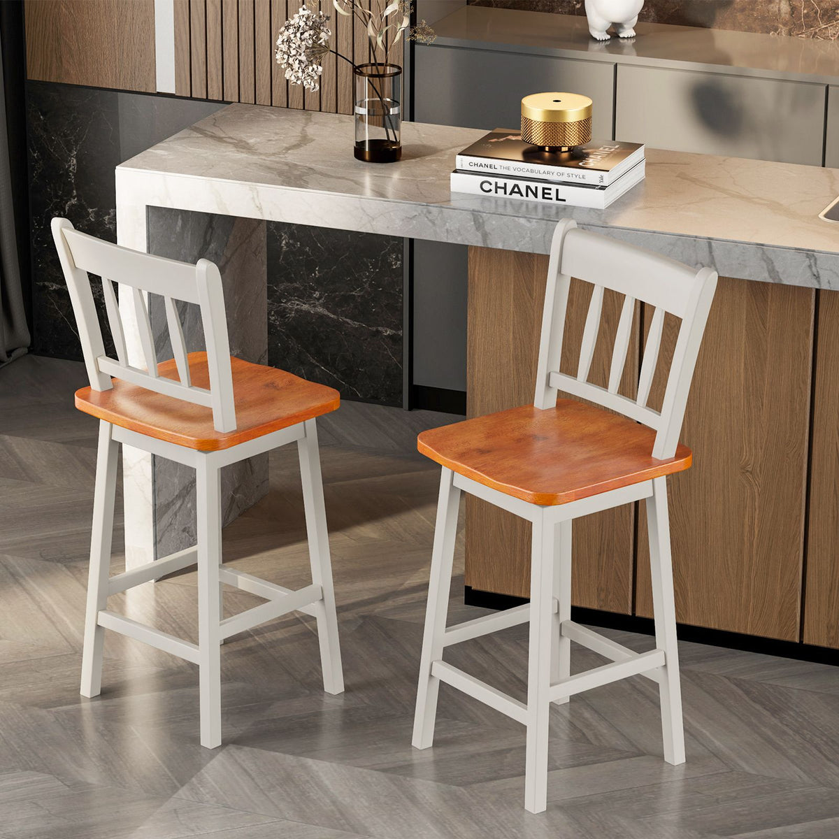 Set of 2 97Cm Swivel Rubber Wood Bar Stools with Backrest and Footrest