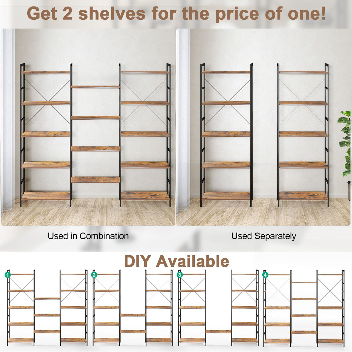 5-Tier Industrial Bookshelf with 14 Open Shelves for Home Office