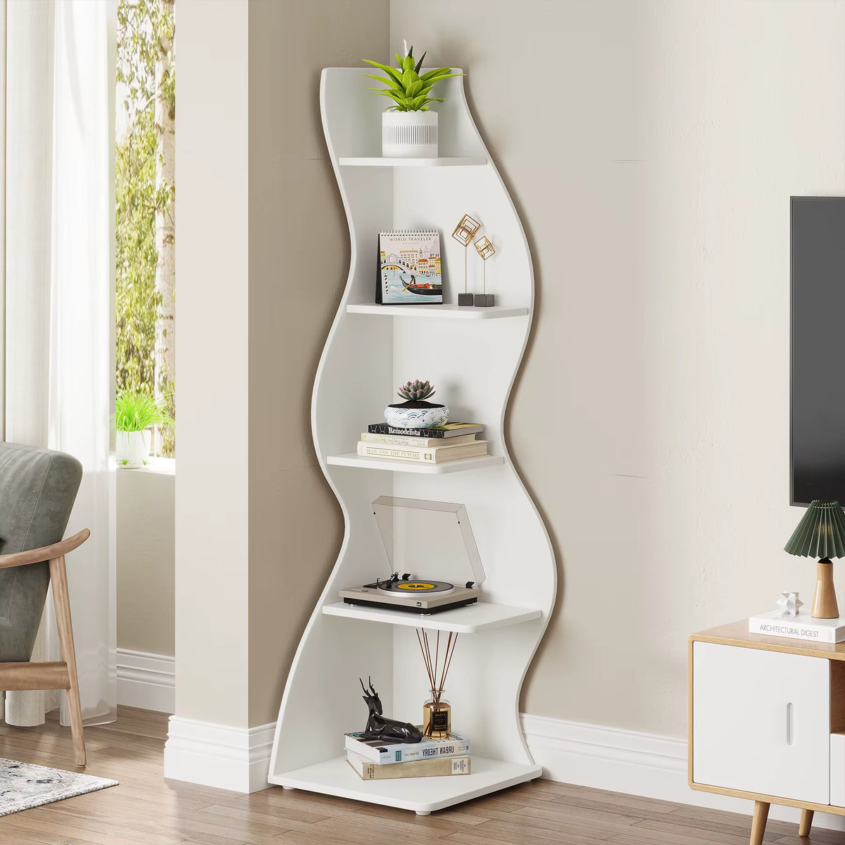 SEDOL Corner Shelf 5-Tier Modern Wall Bookshelf Stylish Tall Corner Storage Rack Small White Bookcase Plant Stand for Living Room Bedroom Office Space Saving