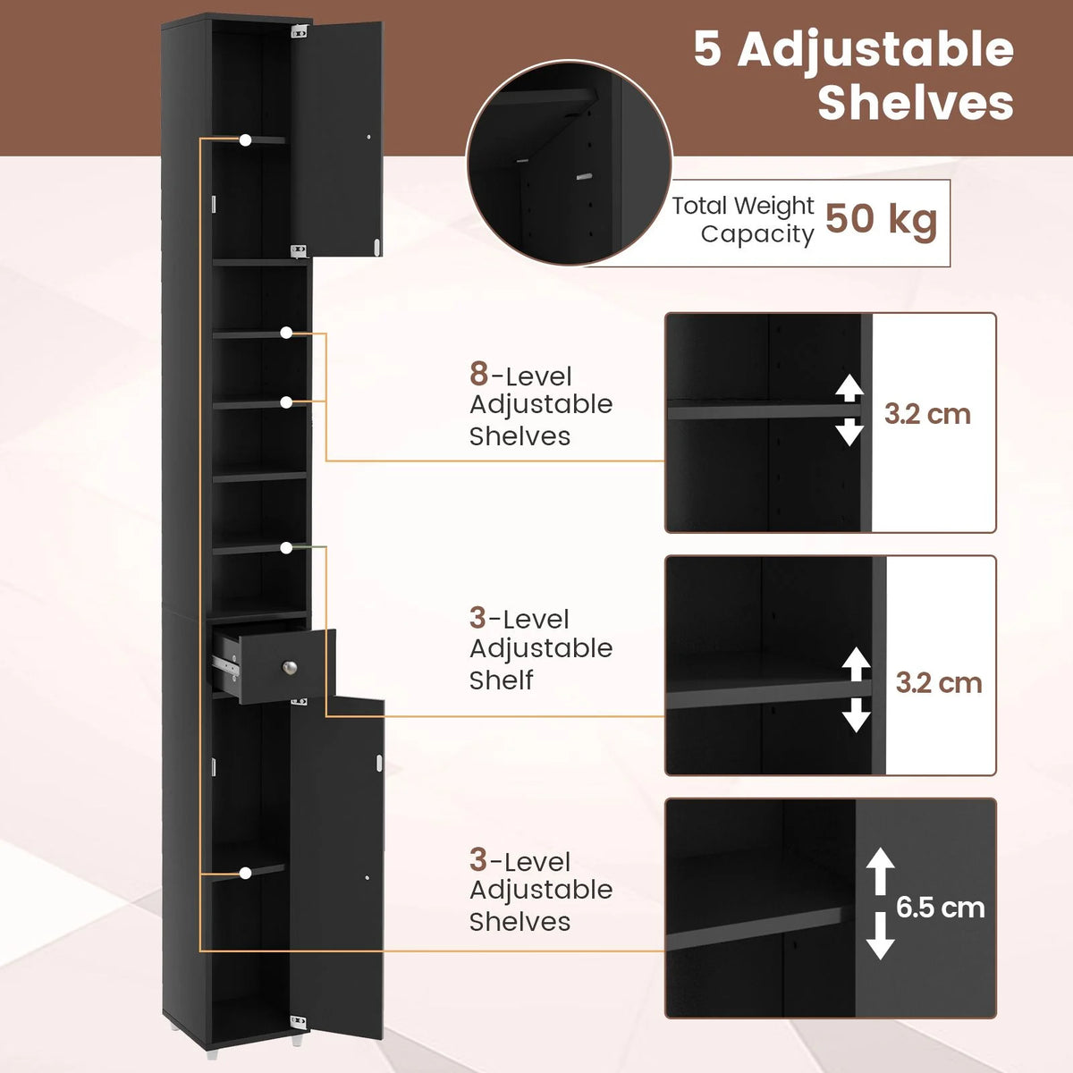 180CM Tall Freestanding Bathroom Cabinet with 2 Doors and 1 Drawer