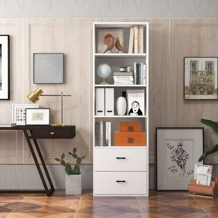 6-Tier Modern Wooden Bookshelf with 4 Open Shelves and 2 Drawers