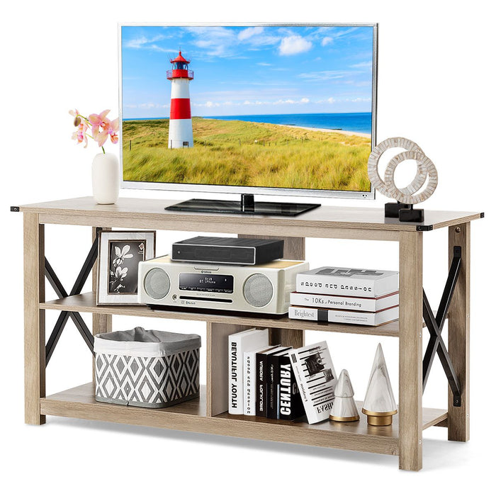 3-Tier Rustic TV Stand with Open Shelves and Cable Management