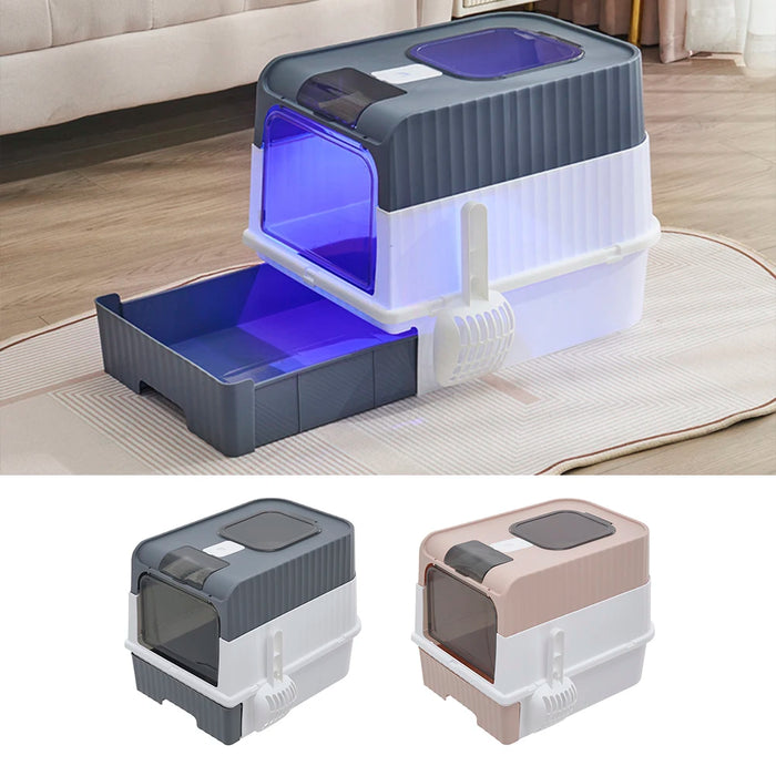 UV Sterilising Cat Litter Box – Fully Enclosed Large Capacity Litter Tray with Top Entry, Front Exit, Drawer Design & Scoop