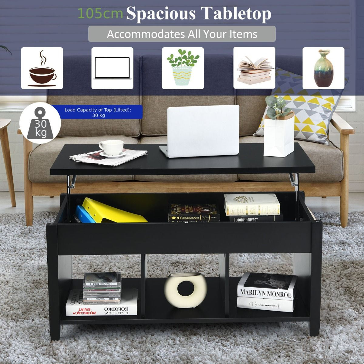 Rising Center Table with Lift Top Hidden Compartment
