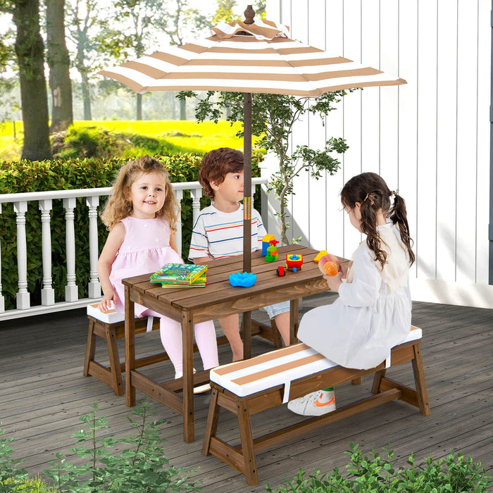 Kids Picnic Table with Cushions & Adjustable Umbrella – Fir Wood Play Table for 4