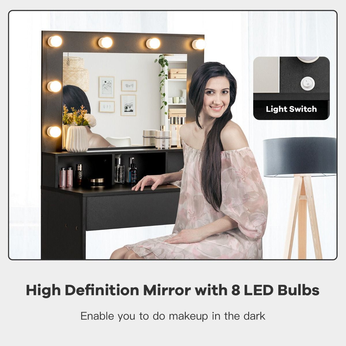 Modern Dressing Table Set with LED Lights Mirror and Drawer