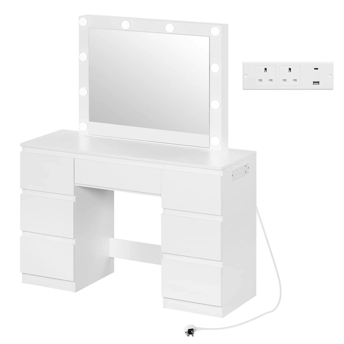 SEDOL Dressing Table with Large LED Mirror and 7 Drawers Modern Vanity Desk with Built-in Charging Station USB Ports Makeup Table for Bedroom White Finish