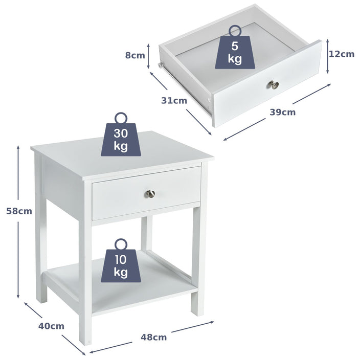 2 Pieces Wooden Nightstand with Drawer and Storage Shelf