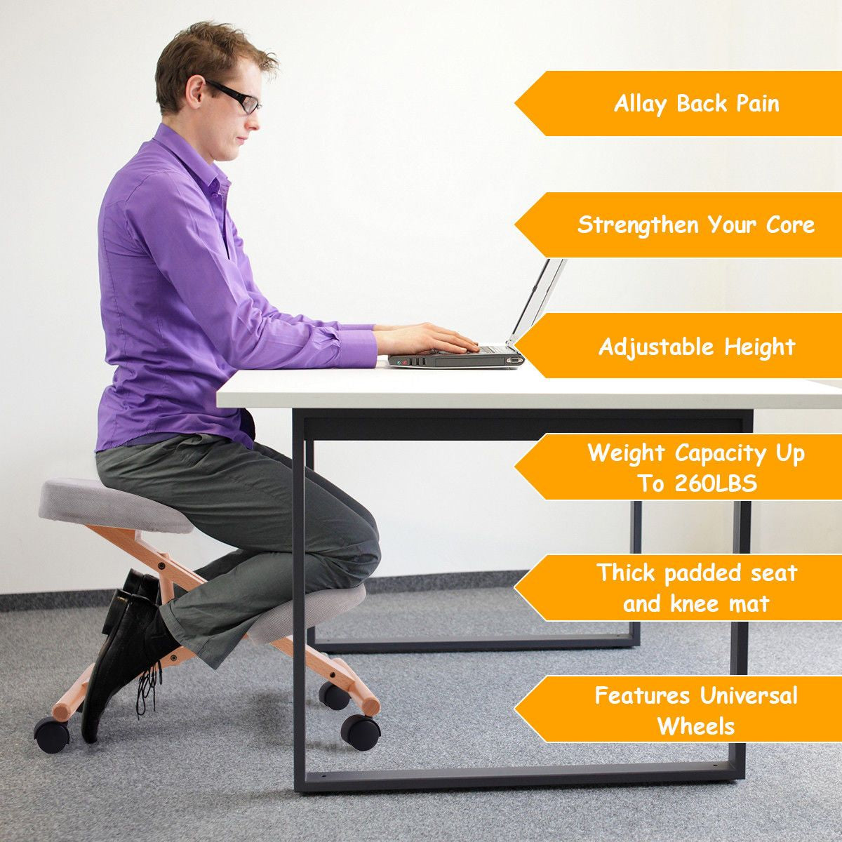 Wood Posture Stool with Angle and Height Adjustable for Gaming Computer Work