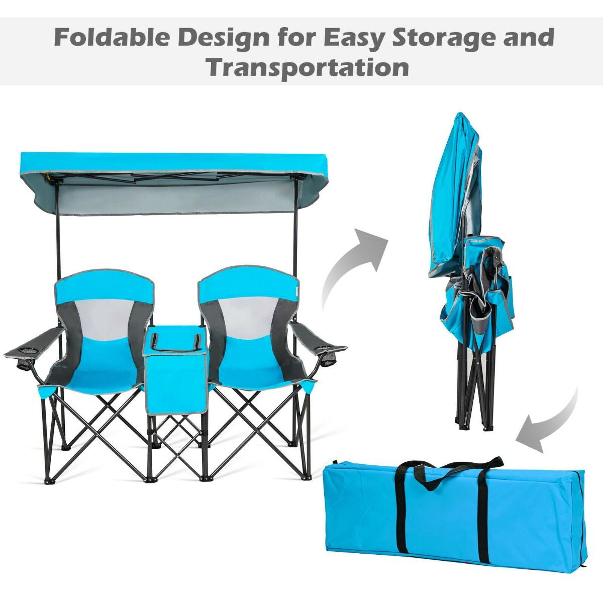 Double Folding Camping Chair with Canopy and Armrests