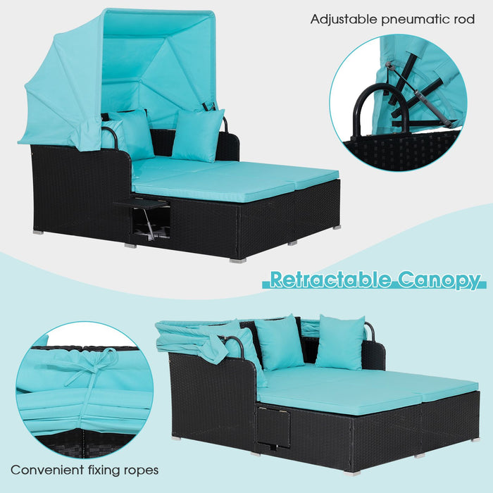 Rattan Daybed with Retractable Canopy, Cushions & Side Trays