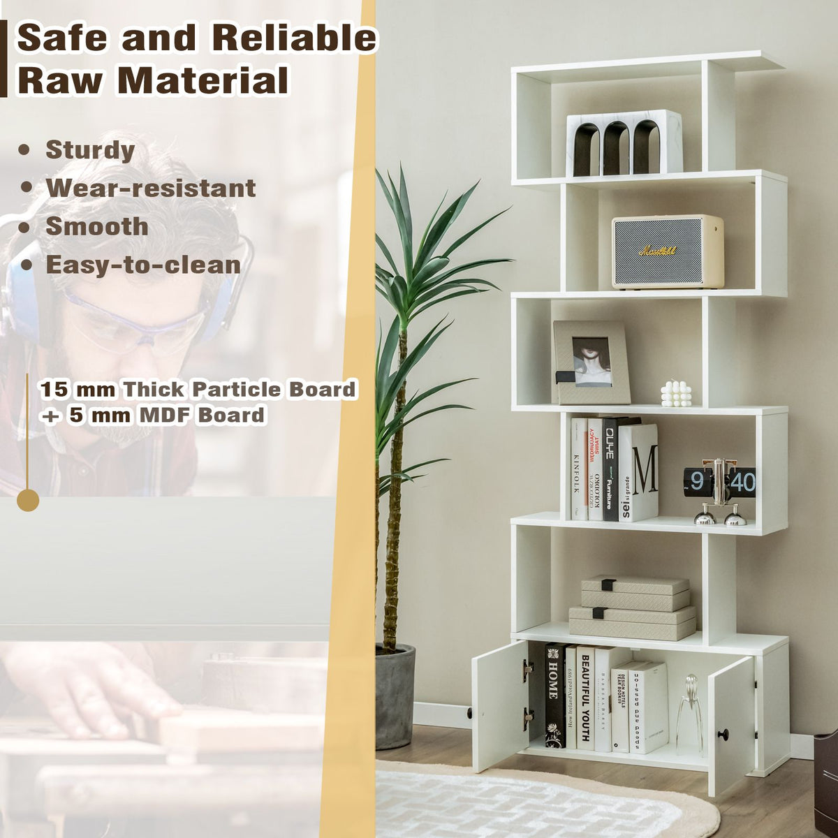 Industrial S-Shaped 5-Tier Bookcase with Cabinet