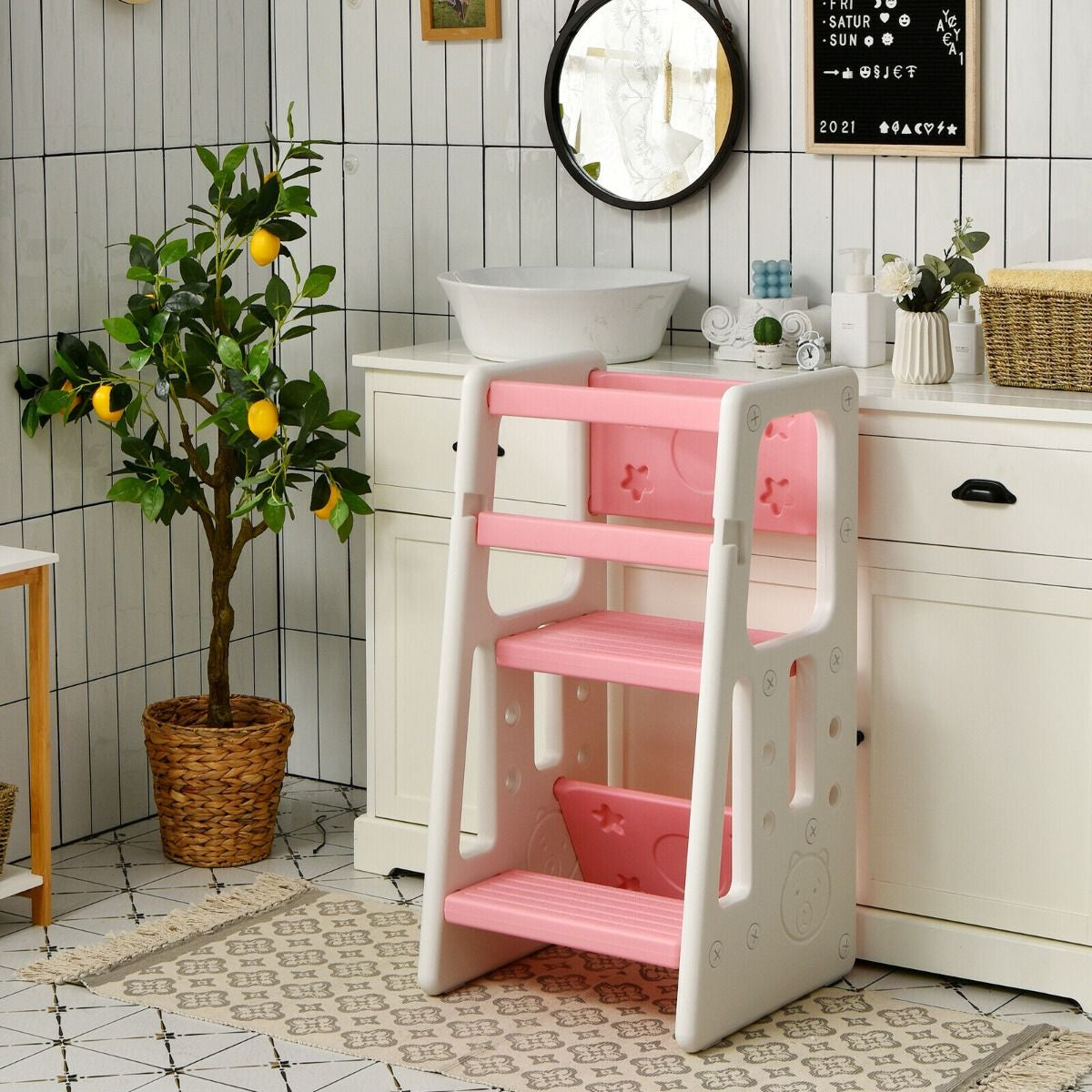 SEDOL 2-in-1 Convertible Toddler Learning Tower & High-Step Stool 3-Level Adjustable Height Kitchen Helper with Double Safety Rails and Anti-Slip EVA Pads – 65kg Capacity